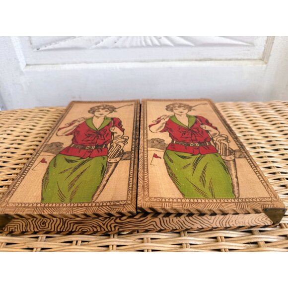 Antique 20's Pyrography Flemish Art Lady Golfer Handkerchief/Gloves Wood Box - Picture 2 of 12